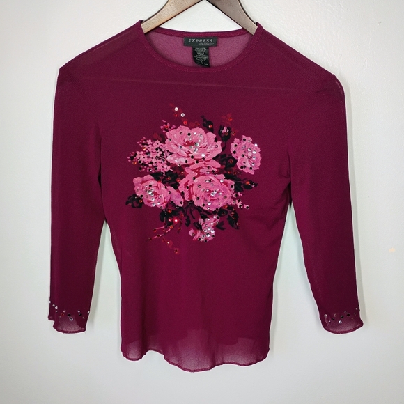 Vintage Express Top Womens Small Burgundy Y2K Floral Rhinestone Sheer Mesh - Picture 11 of 11